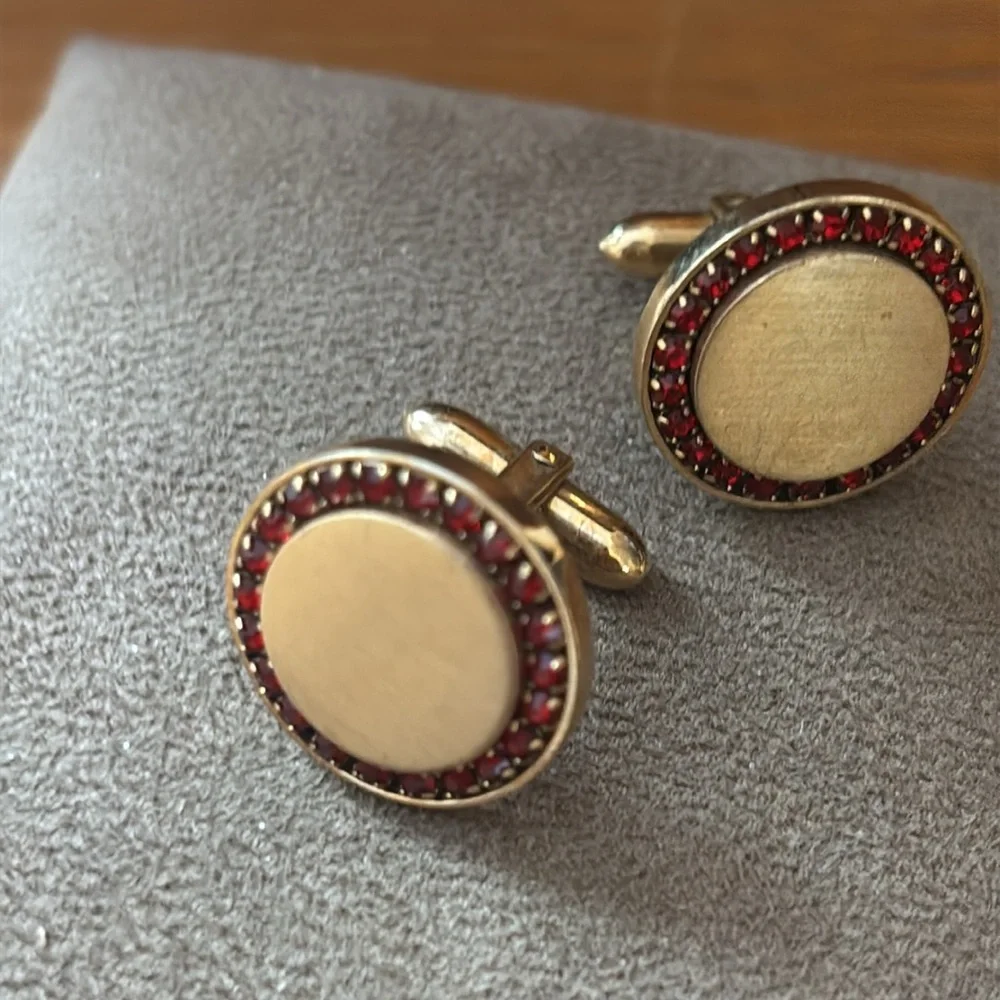 Vintage red Rhinestone circle design Engravable gold tone cufflinks